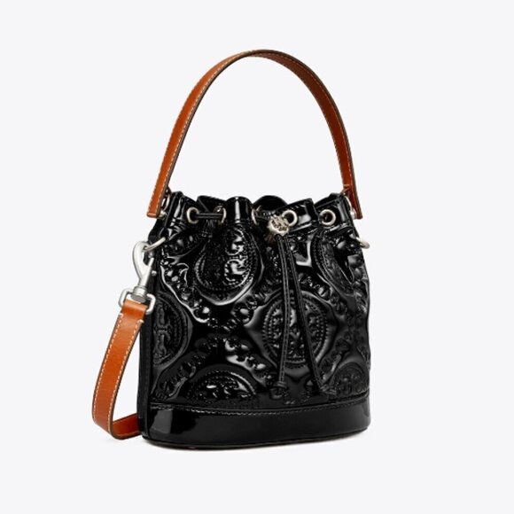 NWT! New! Tory Burch T Monogram Embroidered Patent Bucket Bag -BLACK Large - Picture 6 of 14